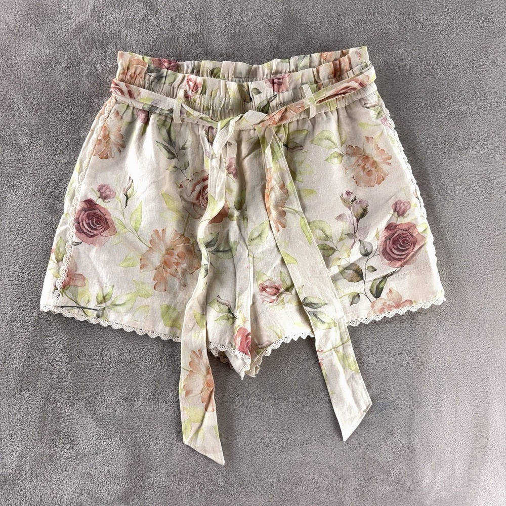 Carolina Consta Floral Crochet Linen Shorts Womens Size Small Ivory Tie Waist